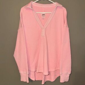 Aerie Waffle Knit Bubblegum Pink Slouchy V Neck Long Sleeve Sweater Oversized Md